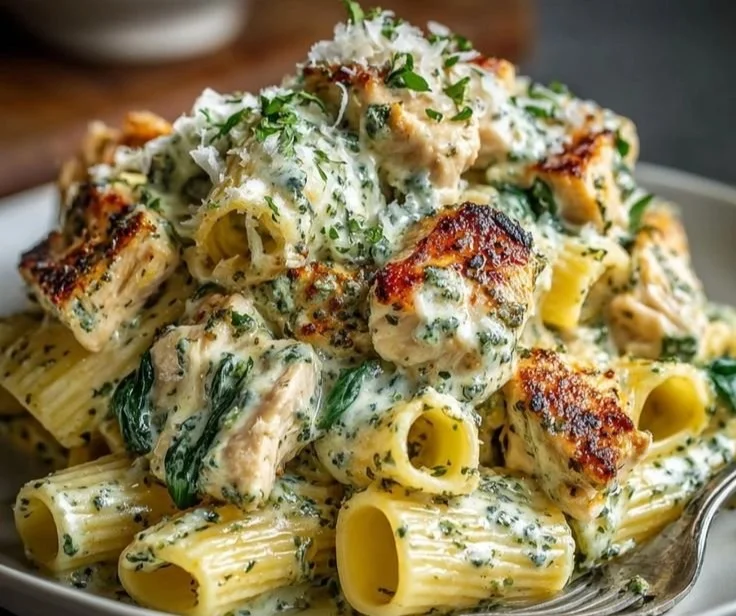 A bowl of creamy pesto chicken pasta garnished with fresh basil and parmesan cheese.