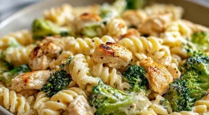 Creamy pasta with rotisserie chicken and broccoli in a rich sauce.