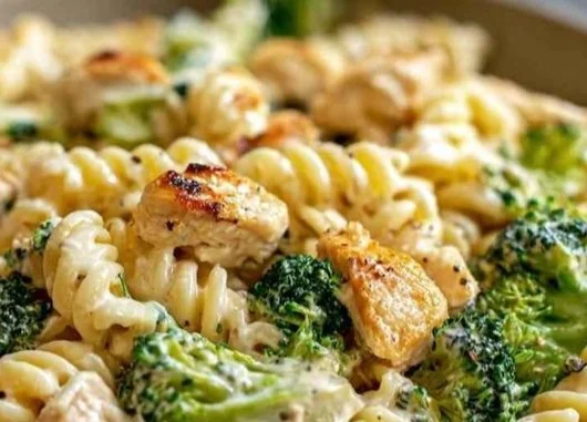 Creamy rotisserie chicken broccoli pasta dish garnished with fresh herbs