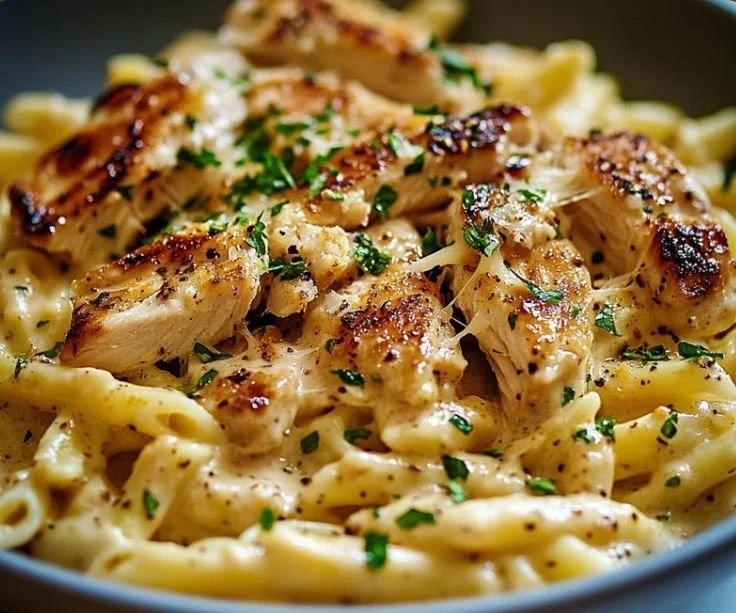 Creamy rotisserie chicken pasta topped with parsley in a white bowl