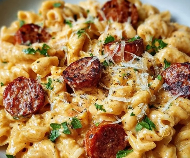 Creamy smoked sausage pasta dish garnished with herbs and cheese