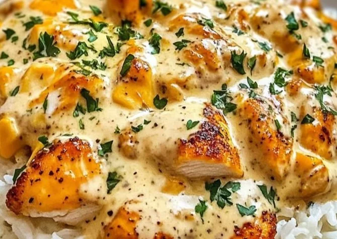 Creamy smothered chicken served over rice in a comforting dish.