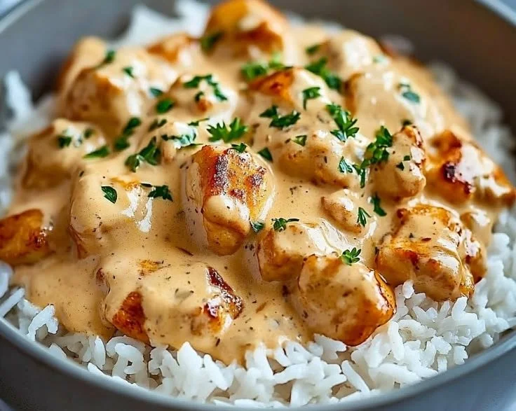 Creamy smothered chicken served over rice with fresh herbs
