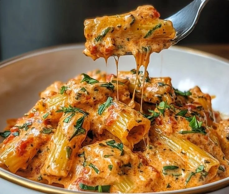 Plate of creamy tomato garlic pasta garnished with fresh herbs