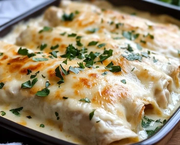 Delicious creamy white chicken enchiladas topped with cheese and fresh herbs.