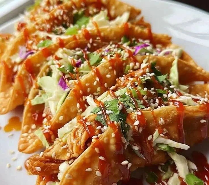 Plate of crispy chicken wonton tacos garnished with fresh vegetables.