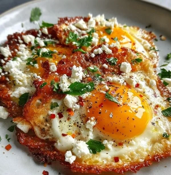 Plate of crispy feta fried eggs topped with herbs