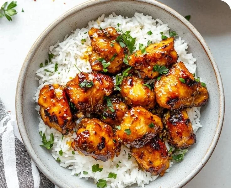 Crispy honey garlic chicken bites served on a plate with dipping sauce