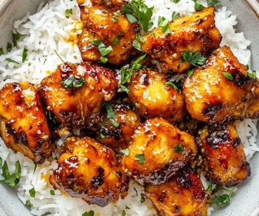 Crispy honey garlic chicken bites served with dipping sauce