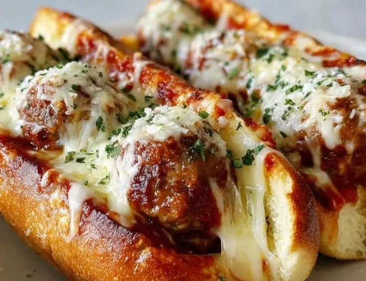 Crockpot meatball subs with marinara sauce on a rustic wooden table.