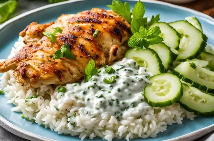 Delicious Dump-and-Bake Chicken Tzatziki served with rice