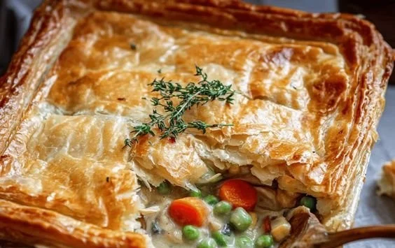 Delicious easy chicken pot pie ready to serve.