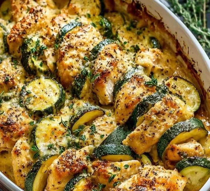 Delicious easy chicken zucchini bake garnished and served in a baking dish.