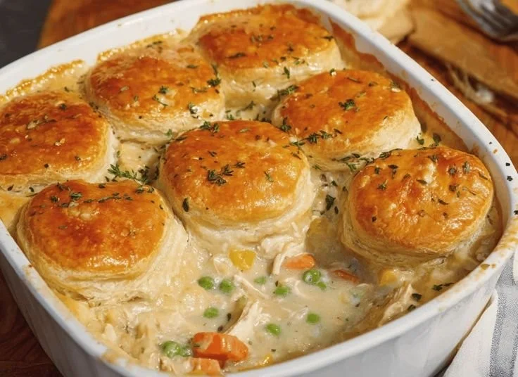 Delicious easy homemade chicken pot pie casserole served in a dish.