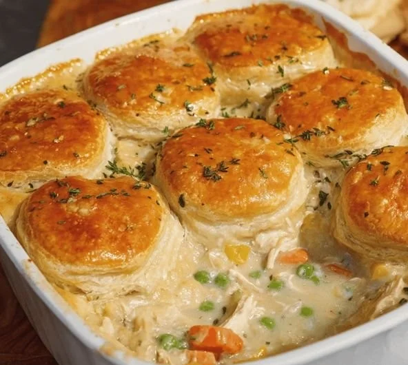 Easy homemade chicken pot pie casserole recipe with creamy filling and flaky crust