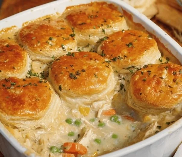 Easy homemade chicken pot pie casserole topped with golden crust.