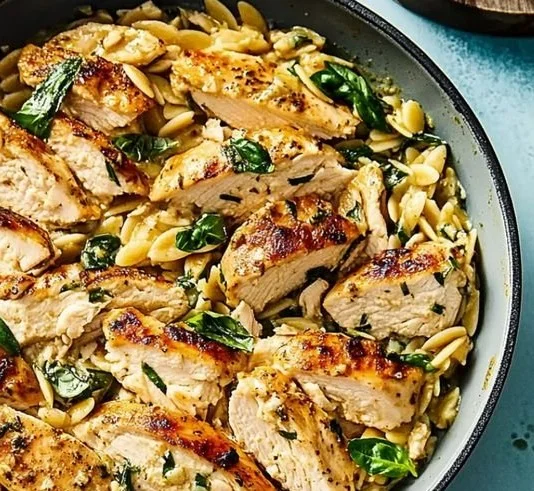 Mediterranean Chicken Orzo served in a bowl with fresh vegetables
