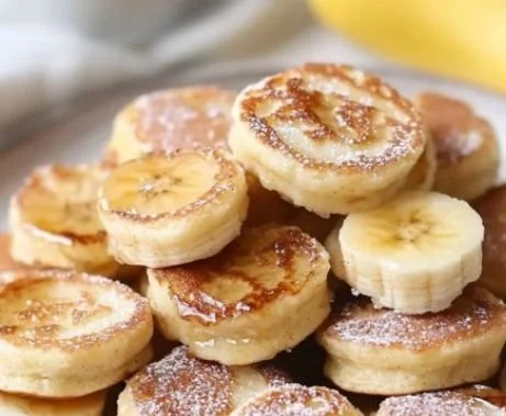 Fluffy banana pancake bites served on a plate with fresh banana slices