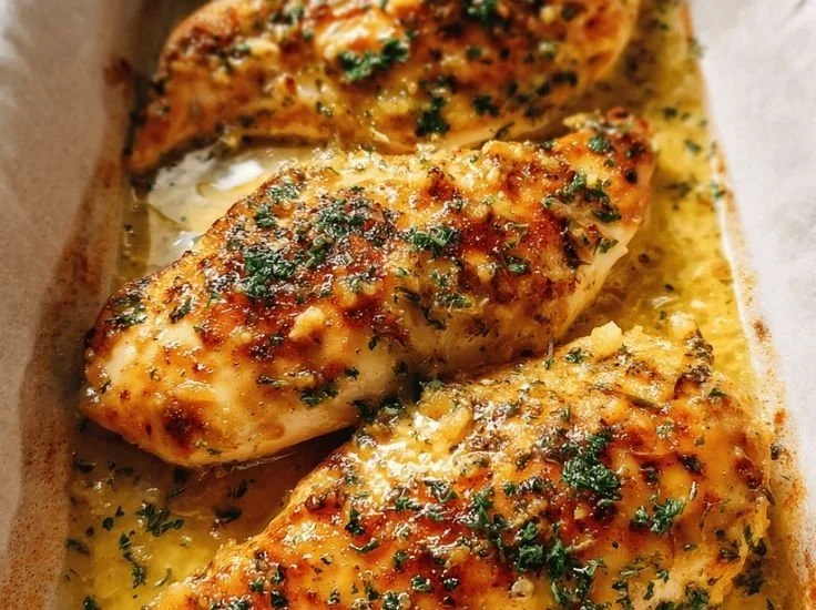 Garlic Butter Baked Chicken Breast garnished with herbs