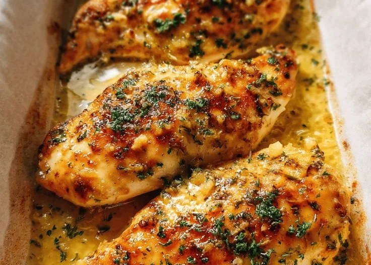 Garlic Butter Baked Chicken Breast served on a plate with herbs