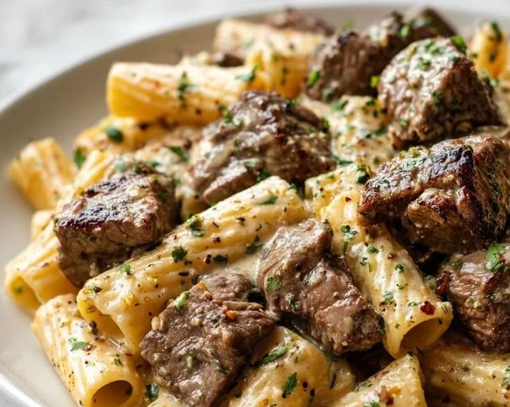 Delicious Garlic Butter Steak Rigatoni topped with herbs and parmesan cheese.