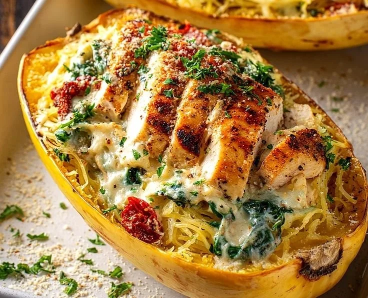 Garlic Chicken served with spaghetti squash in a healthy dinner recipe
