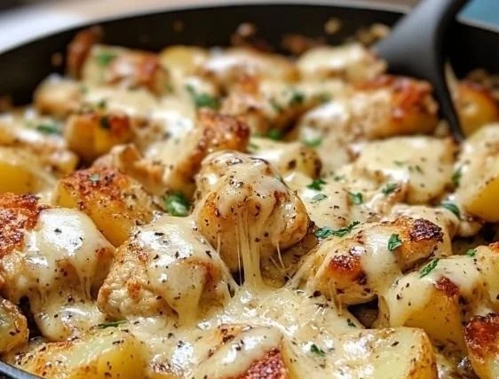 Garlic Parmesan Chicken and Potatoes Skillet dish ready to serve