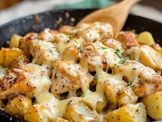 Garlic Parmesan Chicken and Potatoes Skillet dish on a white plate