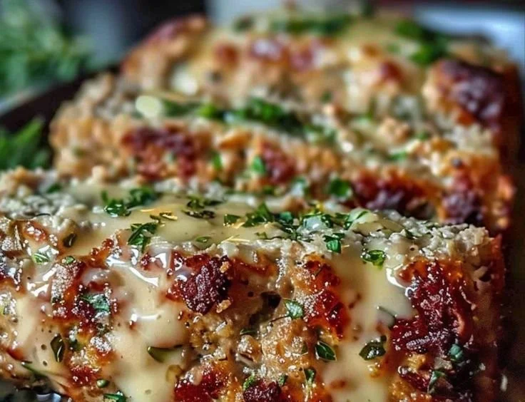 Delicious Garlic Parmesan Chicken Meatloaf served on a plate with herbs and spices.