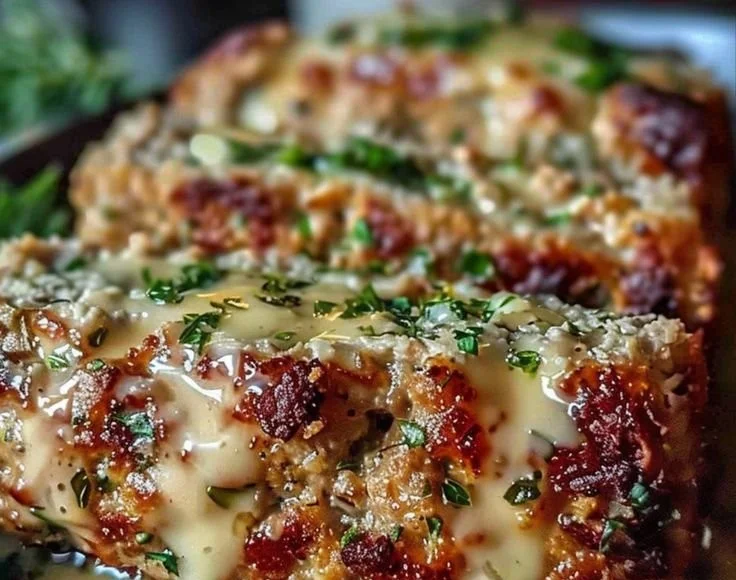 Garlic Parmesan Chicken Meatloaf garnished with herbs and served with sides