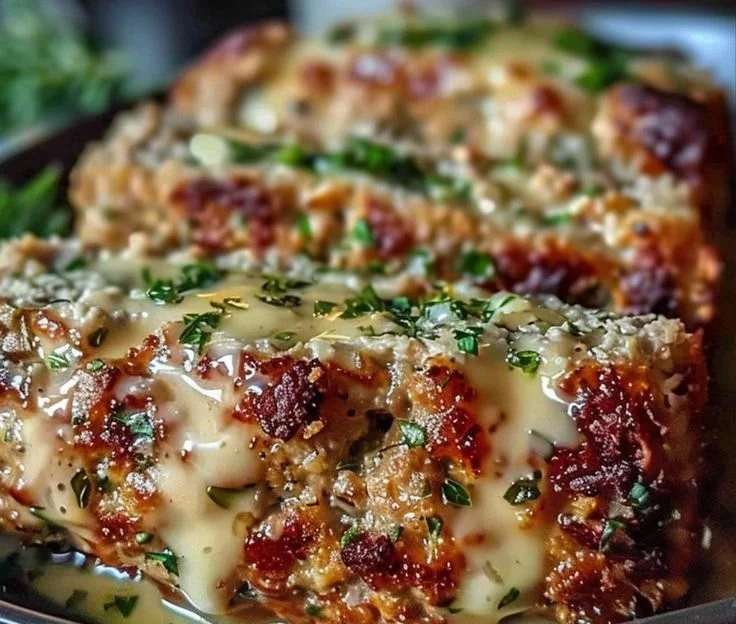Delicious Garlic Parmesan Chicken Meatloaf served on a plate with herbs.
