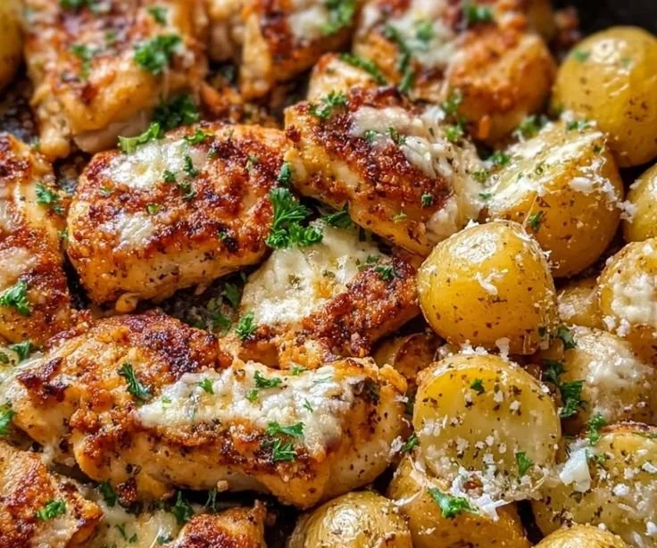 Garlic Parmesan Chicken Thighs served with golden potatoes