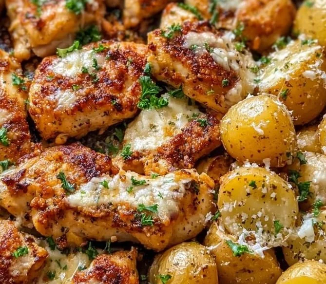Garlic Parmesan Chicken Thighs served with roasted potatoes