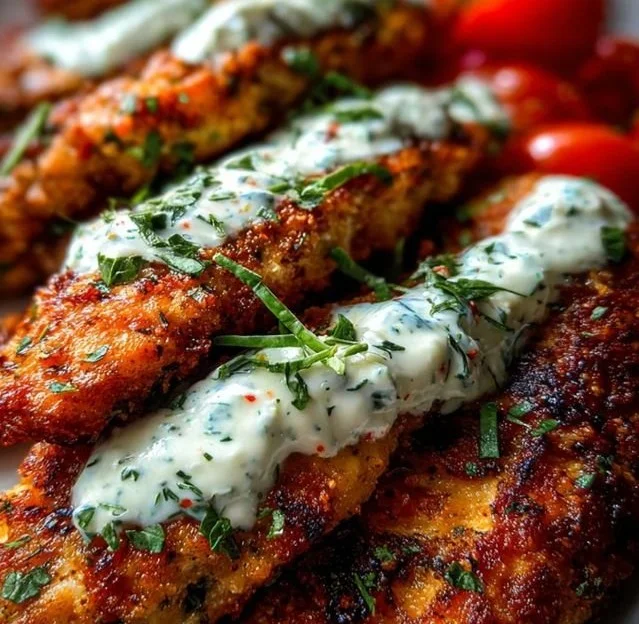Juicy Greek Chicken Tenders with herbs and spices on a plate