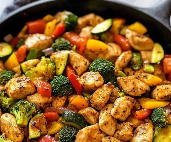 Healthy chicken and vegetables skillet in a frying pan