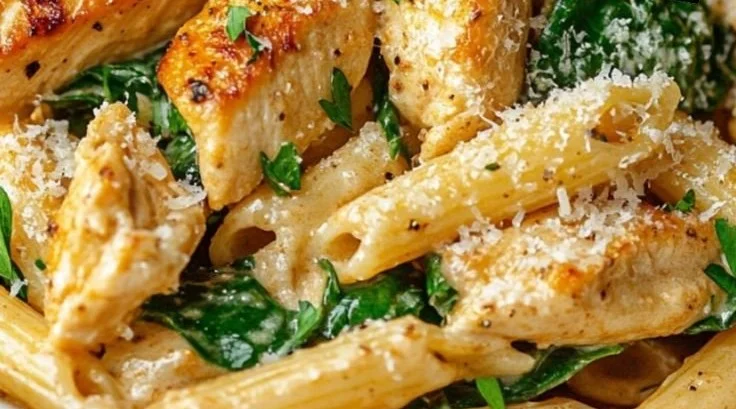 A delicious bowl of healthy Garlic Parmesan Chicken Pasta garnished with herbs.
