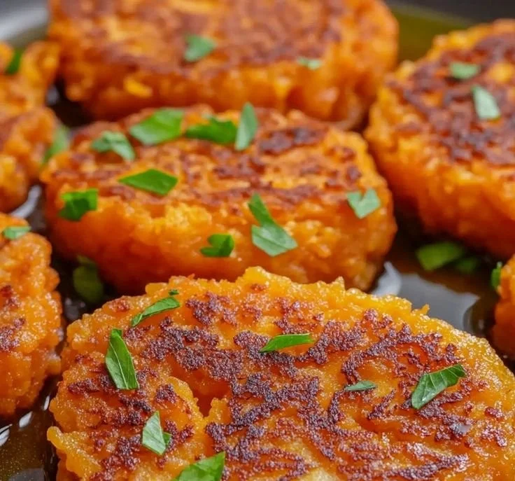 Healthy sweet potato hash browns served on a plate with green garnish.