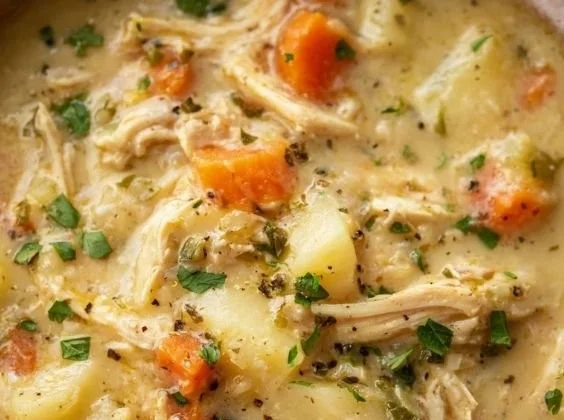 Delicious high protein chicken pot pie soup in a bowl with fresh ingredients.