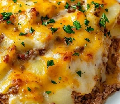 Hobo Casserole made with ground beef and mixed vegetables in a baking dish