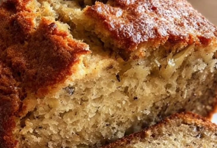 Loaf of freshly baked homemade banana bread on a wooden table