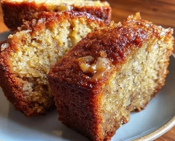 Freshly baked homemade banana bread loaf with bananas