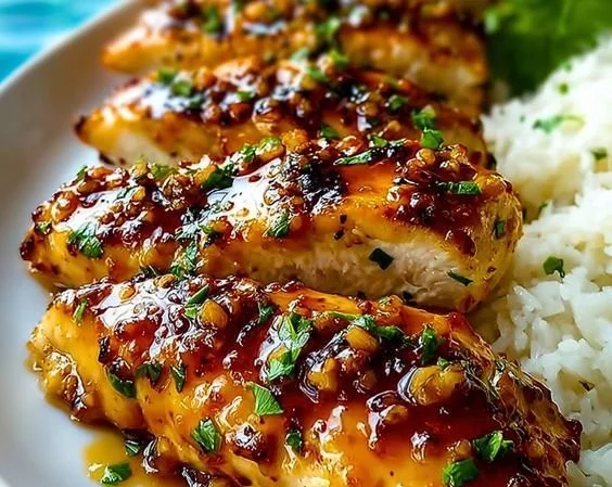 Delicious Honey Garlic Chicken Breasts garnished with herbs and served on a plate