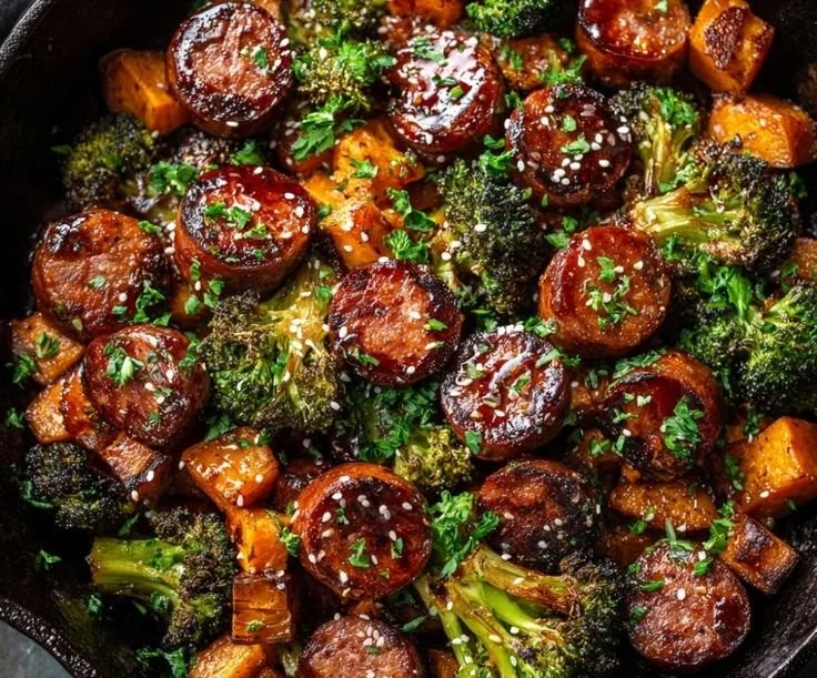 Honey garlic sausage and sweet potatoes on a sheet pan dinner