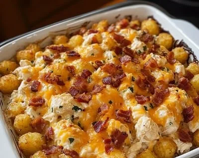 Delicious Chicken Bacon Ranch Tater Tot Casserole in a baking dish