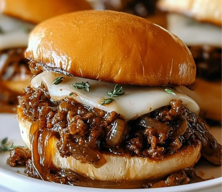 Delicious French Onion Beef Sloppy Joes served on a plate