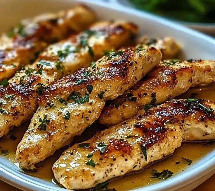 Juicy Greek chicken tenders served on a plate with herbs and lemon.
