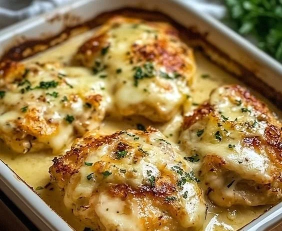 Keto Garlic Parmesan Chicken garnished with herbs on a plate