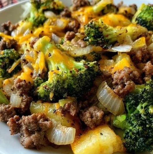 Keto Hamburger Broccoli Skillet in a skillet, showcasing healthy, low-carb ingredients.