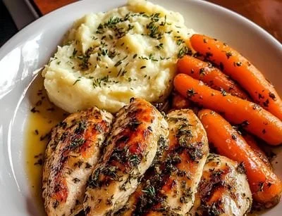 Garlic herb chicken served with mashed potatoes and glazed carrots on a dinner plate.