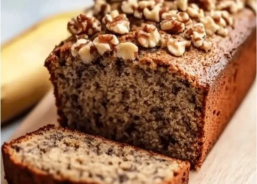 Moist diabetic banana bread loaf on a kitchen counter ready to be served